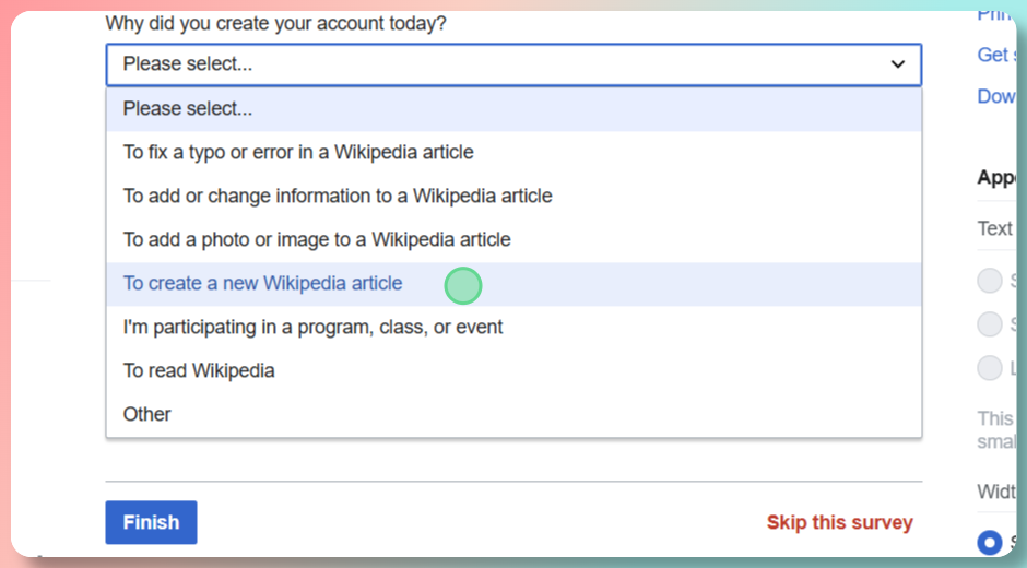 Selecting 'To create a new Wikipedia article' option